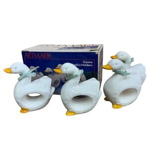 Vintage 1987 Artmark Set of 4 Ceramic Goose Napkin Holders in Original Box
